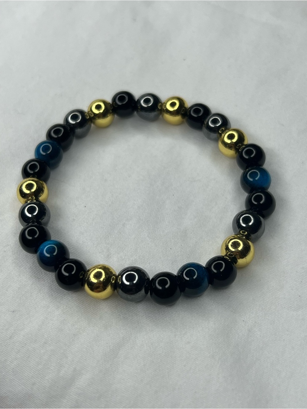 Gold, Black & Blue Tiger eye Beaded Stretch Bracelet